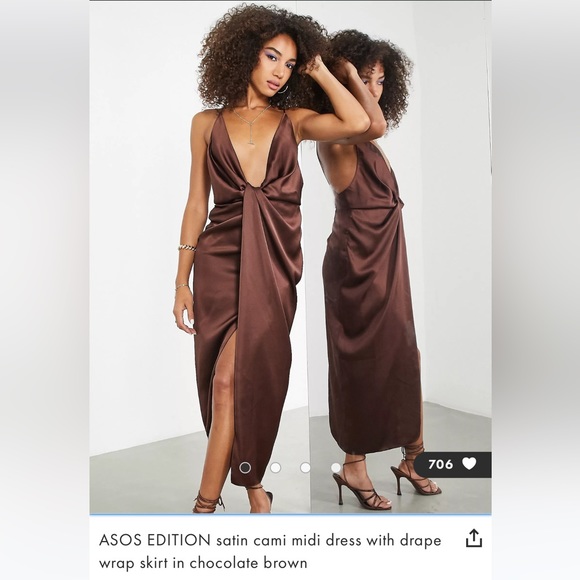 asos brown satin dress ASOS DESIGN contrast bust cup frill satin midi dress in brown